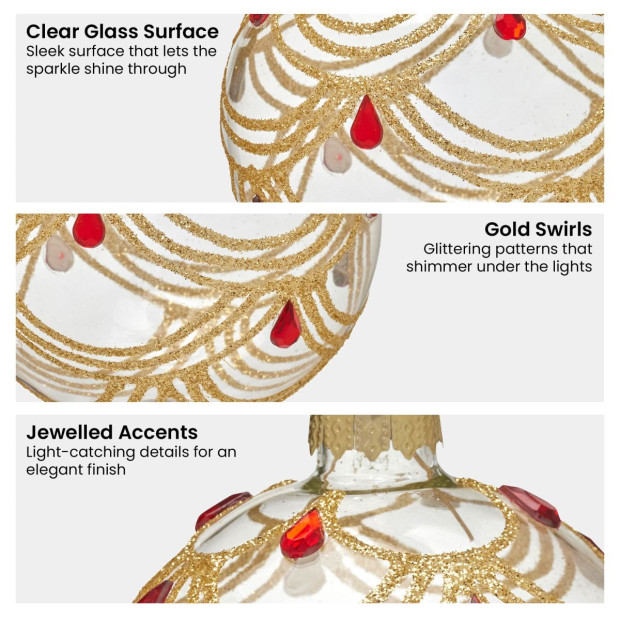 Christabelle Box of 6 Clear Glass Baubles with Gold Swirls and Jewels Image 5