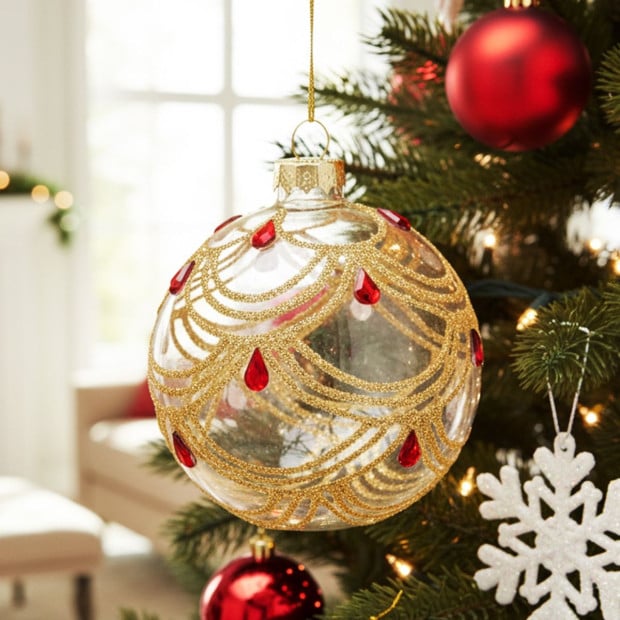 Christabelle Box of 6 Clear Glass Baubles with Gold Swirls and Jewels Image 6