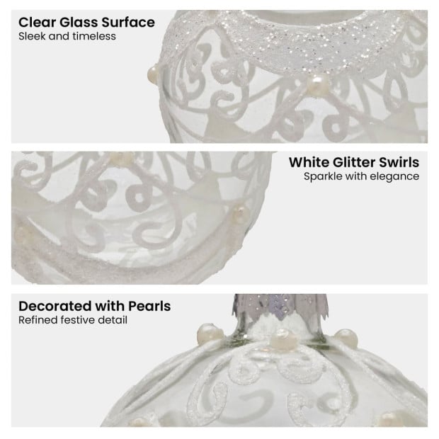 Christabelle Box of 6 Clear Glass Baubles with Glitter Swirls and Pearls Image 5
