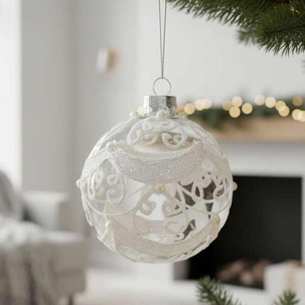 Christabelle Box of 6 Clear Glass Baubles with Glitter Swirls and Pearls Image 6