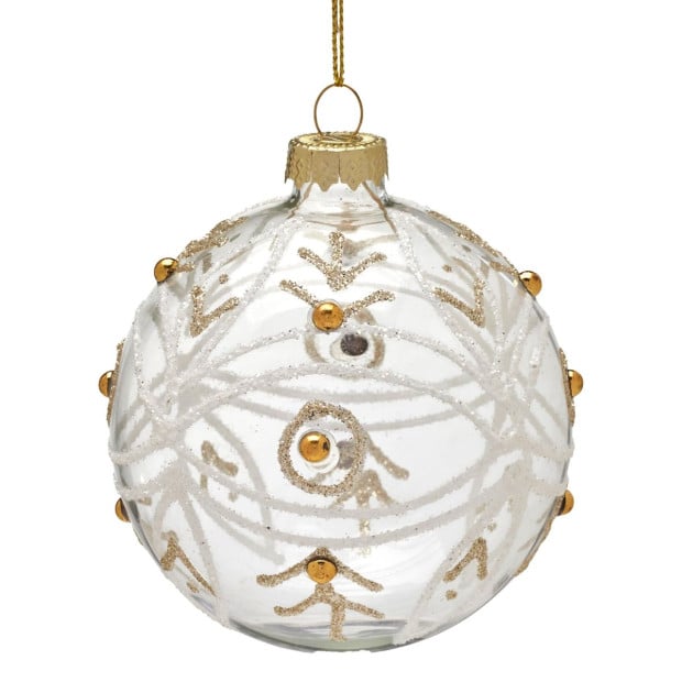 Christabelle Box of 6 Clear Glass Baubles with Glitter Swirls and Gold Pearls Image 2