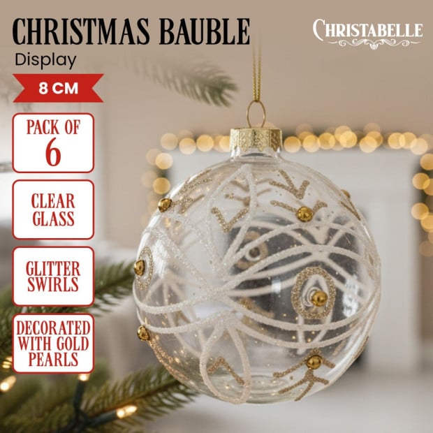 Christabelle Box of 6 Clear Glass Baubles with Glitter Swirls and Gold Pearls Image 6