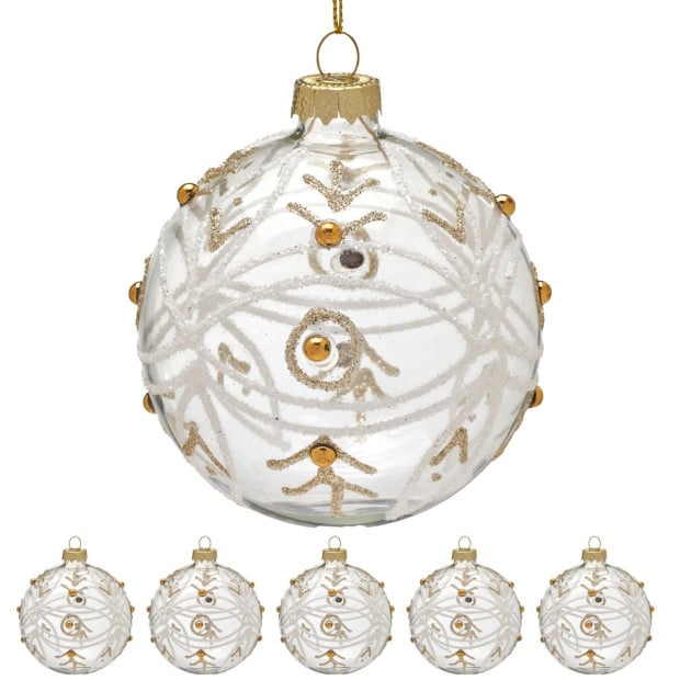 Christabelle Box of 6 Clear Glass Baubles with Glitter Swirls and Gold Pearls Image 3