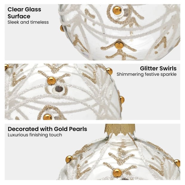 Christabelle Box of 6 Clear Glass Baubles with Glitter Swirls and Gold Pearls Image 4