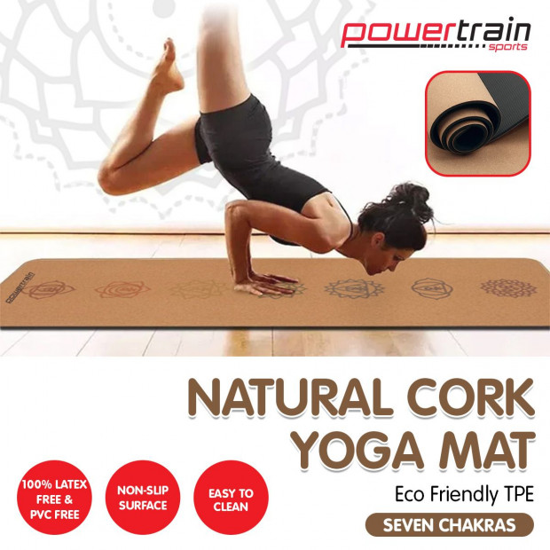 Powertrain Cork Yoga Mat with Carry Straps Home Gym Pilates Chakras