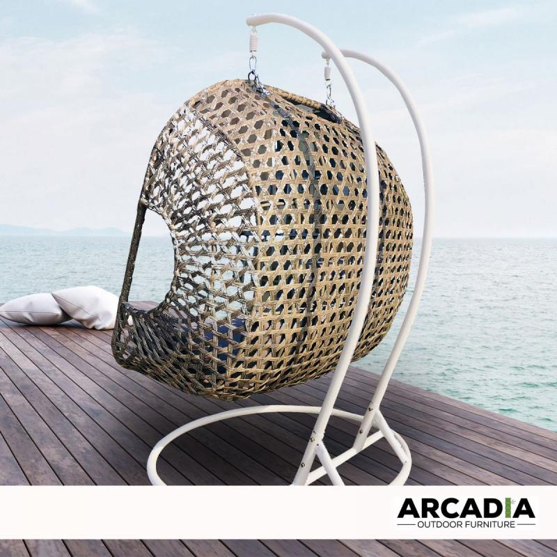 Furniture 2 Seater Rocking Egg Chair Outdoor Wicker Oatmeal and Grey