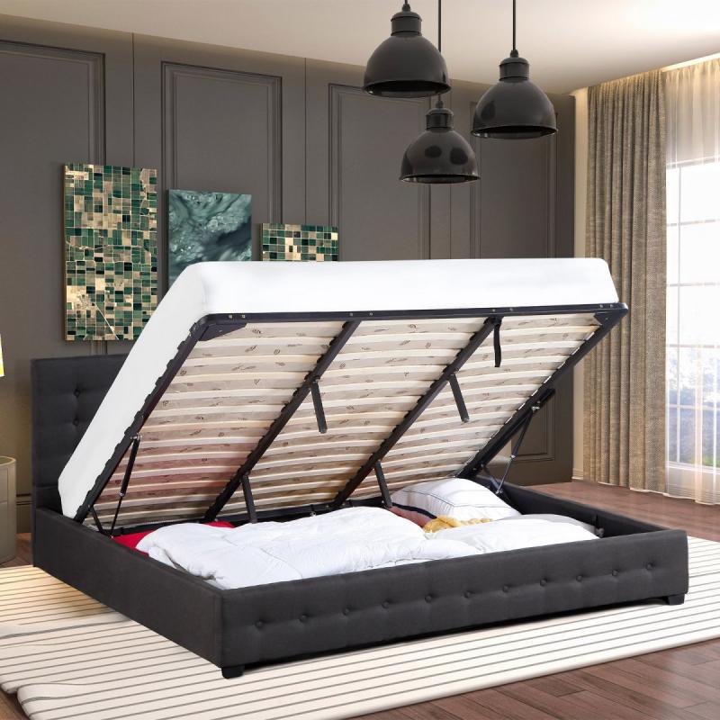 Gas Lift Bed With Headboard Platform Storage Dark Grey Fabric Double