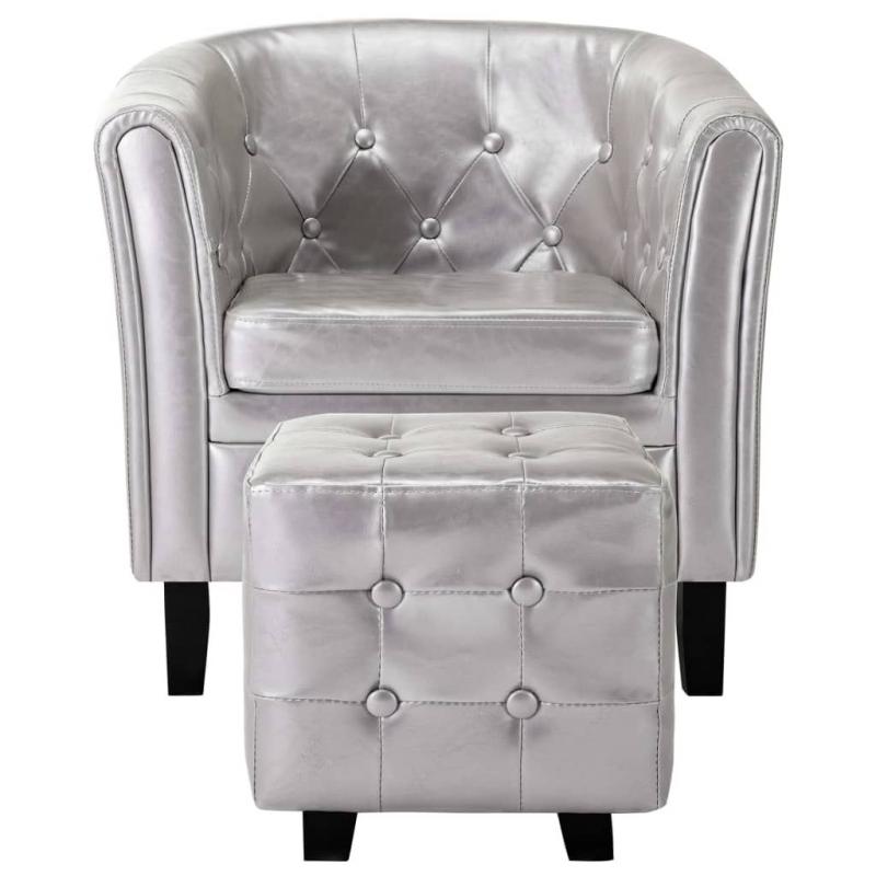 Tub Chair With Footstool Silver Faux Leather