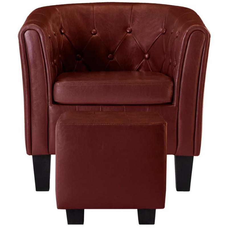 Tub Chair With Footstool Wine Red Faux Leather