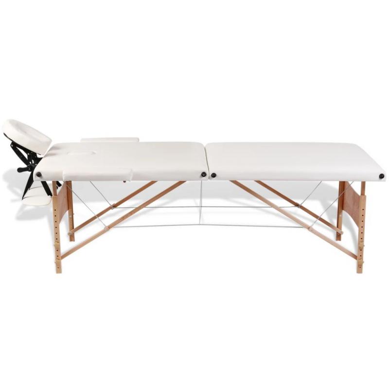 Cream White Foldable Massage Table 2 Zones With Wooden Frame