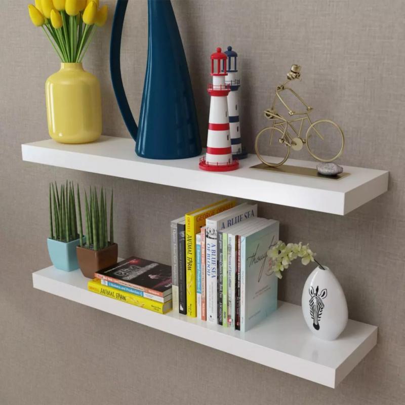 2 White Mdf Floating Wall Display Shelves Storage