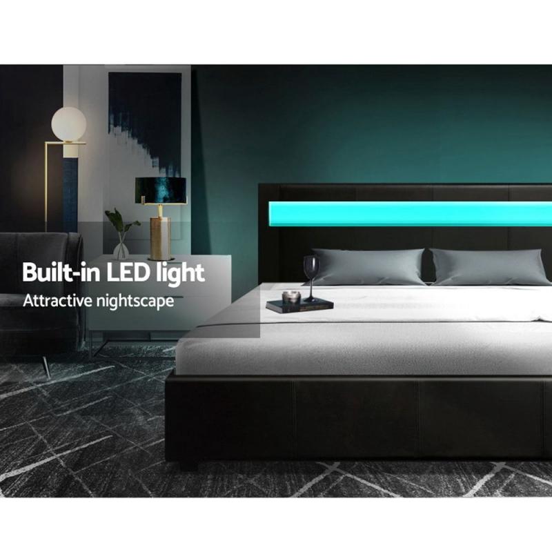 LED Bed Frame Double Size Gas Lift Base With Storage Black Leather