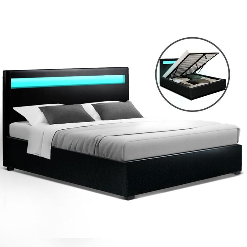 LED Bed Frame Queen Size Gas Lift Base With Storage Black Leather
