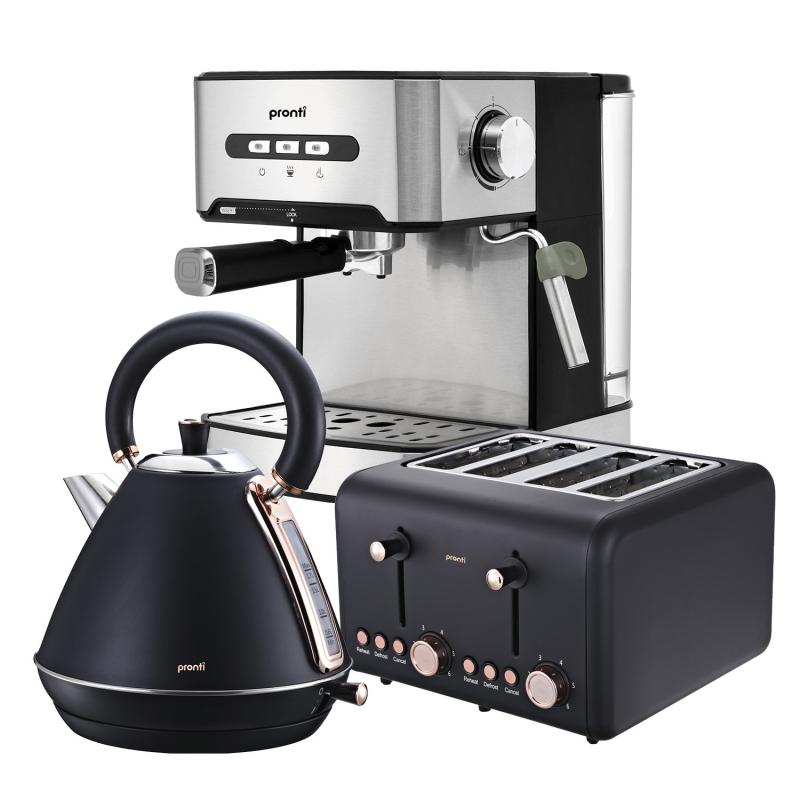 Pronti Toaster, Kettle & Coffee Machine Breakfast Set Black