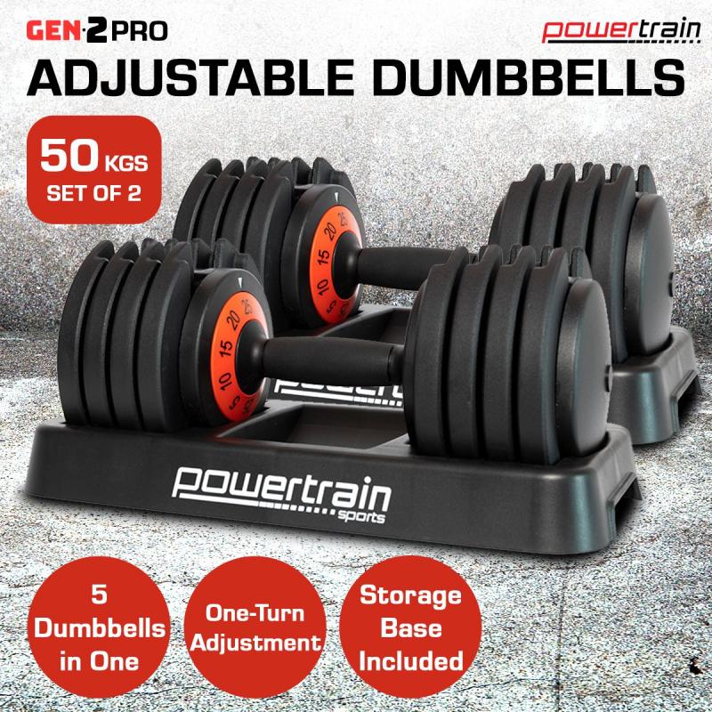 2x 25kg Powertrain GEN2 Pro Adjustable Dumbbells Homegym Weights