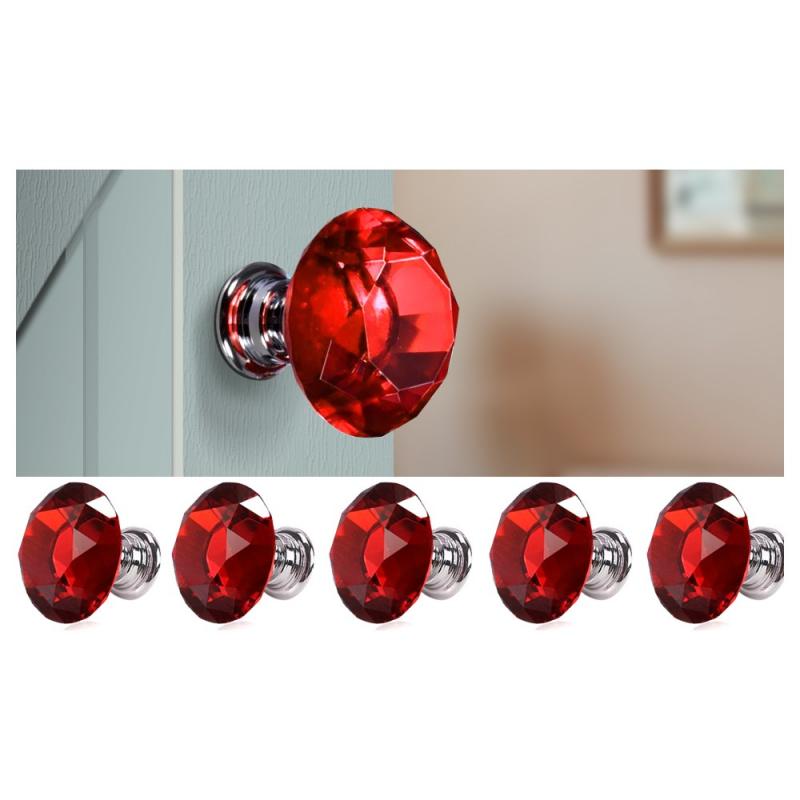10 Pack Red Diamond Clear Crystal Glass Door Pull Drawer Knob 40mm