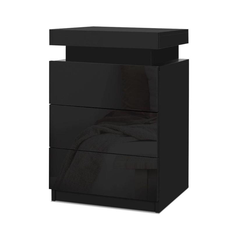 Bedside Tables Side Table 3 Drawers RGB LED High Gloss Black