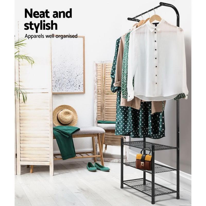 Clothes Rack Coat Stand Garment Hanger Airer Shoe Storage Black