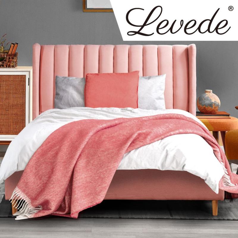 Bed Frame Velvet Base Bedhead Headboard Queen Wooden Platform Pink