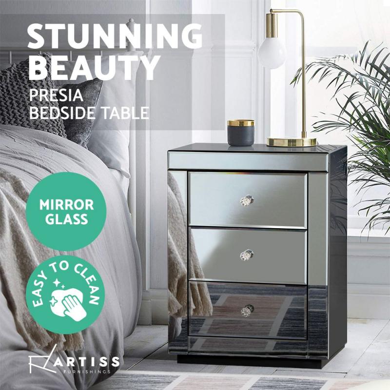 Mirrored Bedside table Drawers Furniture Glass Presia Smoky Grey