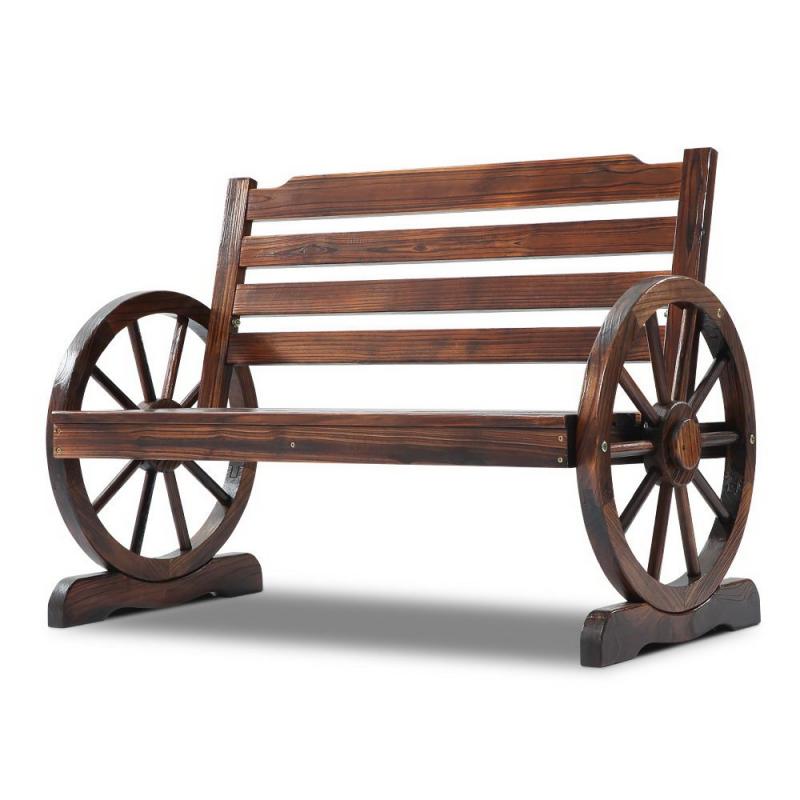 Wooden Wagon Wheel Outdoor Garden Bench Seat Brown