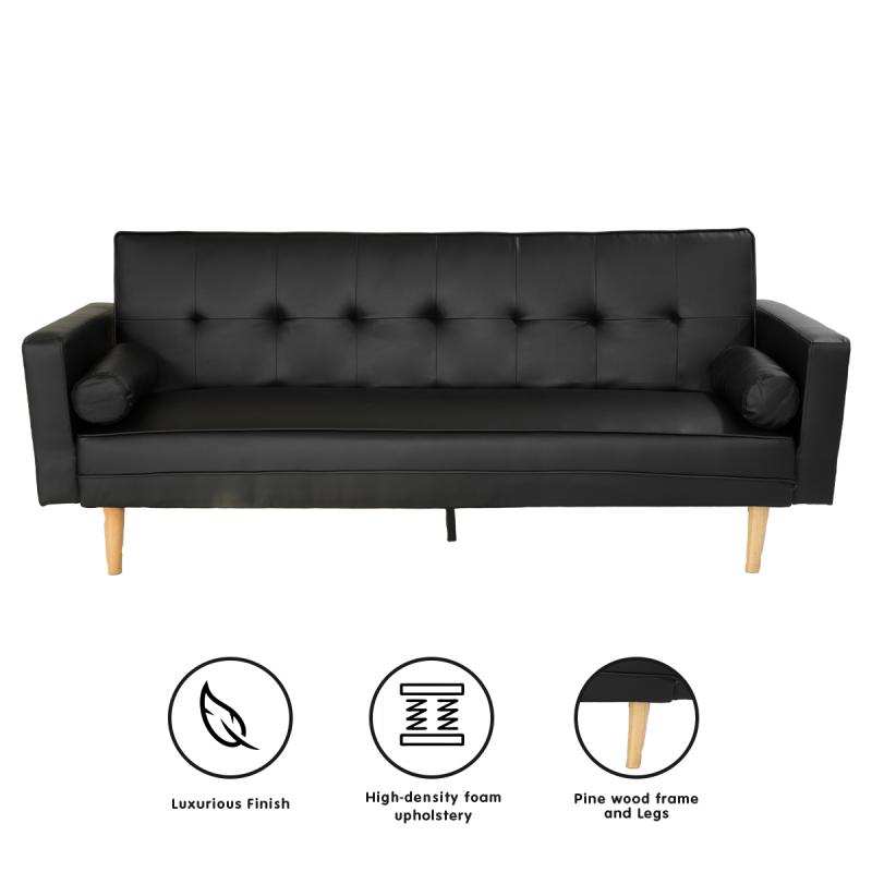 Aria 3Seater Faux Leather Sofa Bed with Bolsters by Sarantino Black