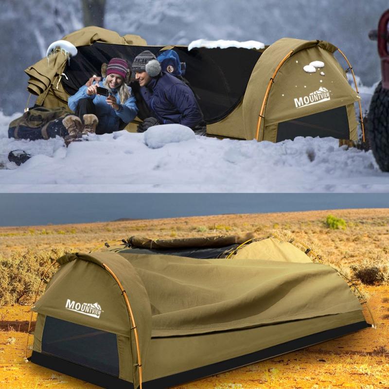 Mountview Camping Swags Tent Kings Pole with Awning Double Khaki