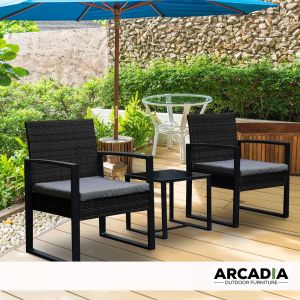 Furniture Outdoor 3 Piece Wicker Rattan Patio Set - Black and Grey