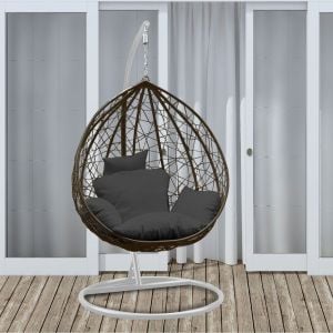 Furniture Rocking Egg Chair Outdoor Wicker Rattan  - Oatmeal and Grey