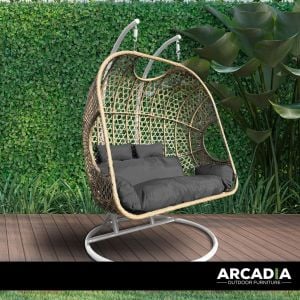 Furniture 2 Seater Rocking Egg Chair Outdoor Wicker - Oatmeal and Grey