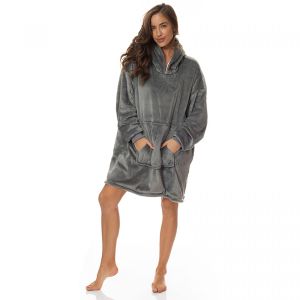 Snug Hoodie Nightwear Super Soft Reversible Coral Fleece 750GSM - Grey