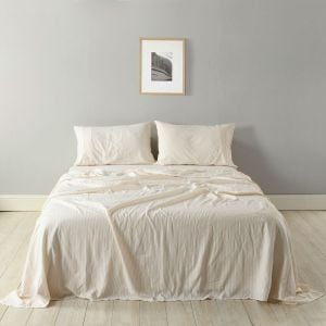 Stripes Linen Blend Sheet Set Bedding Ultra Soft - Queen - Beige