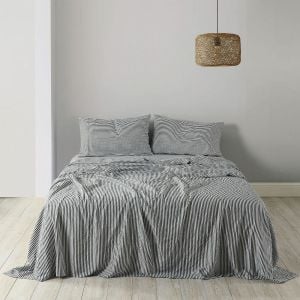 Stripes Linen Blend Sheet Set Bedding Ultra Soft - King - Charcoal