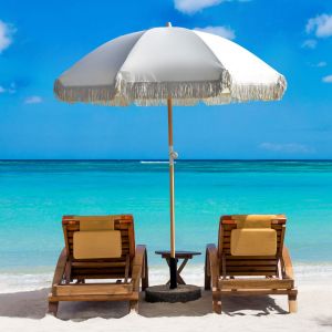 Outdoors Beach Umbrella Portable 2 Metre Fringed Sun Shade  - Natural