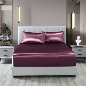 Satin Sheet Set 3 Piece Fitted Sheet Pillowcase  - Queen - Malaga Wine