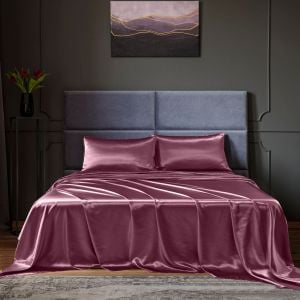 Satin Sheet Set 4 Piece Fitted Flat Pillowcases Queen Malaga Wine