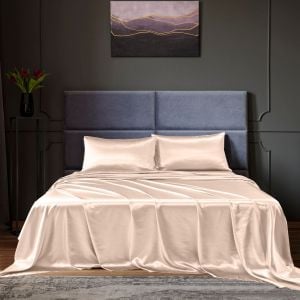 Satin Sheet  4 Piece Fitted Flat Pillowcases King Champagne Pink