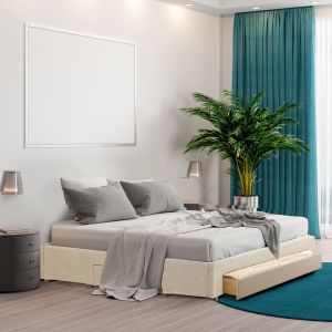 Bed Base with Drawers Upholstered Fabric Wood Cream - Queen - Cream