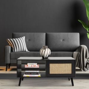 Tulum Rattan Coffee Table Storage Drawer Furniture Wooden Black