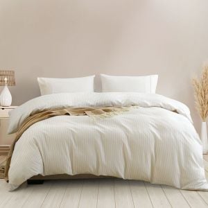 Striped Flax Linen Blend Quilt Cover Set Bedding - King - Beige