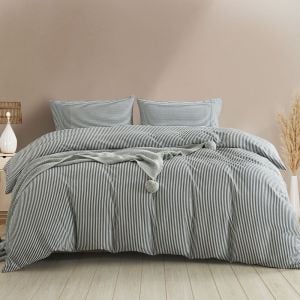 Striped Flax Linen Blend Quilt Cover Set Bedding - King - Charcoal