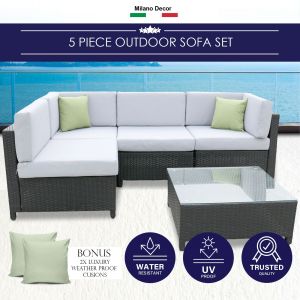 Milano 5 Piece Wicker Rattan Sofa Set Black Grey Outdoor Furniture
