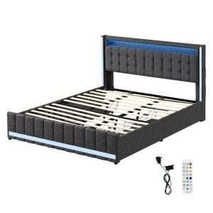 Levede King Bed Frame Fabric Storage Drawer LED USB