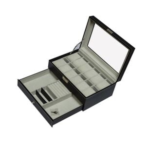 12 Grids Watch Display Case Leather Jewellery Storage Box  Lock Key