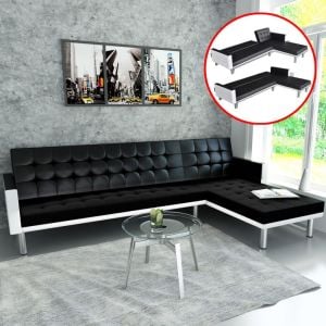 L-shaped Sofa Bed Faux Leather Black