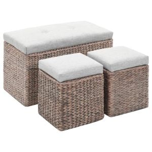 Bench With 2 Ottomans Seagrass Foot Stools Grey