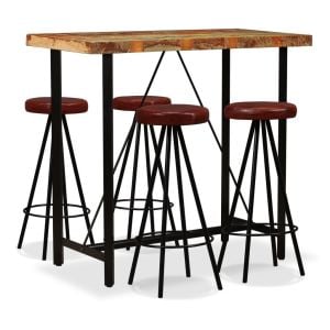5 Piece Bar Set Solid Reclaimed Wood And Genuine Leather