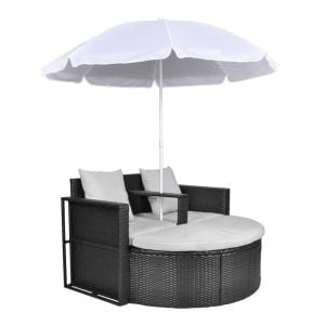 Garden Bed With Parasol Black Poly Rattan