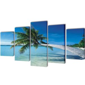 Canvas Wall Print Set Sand Beach With Palm Tree 200 X 100 Cm