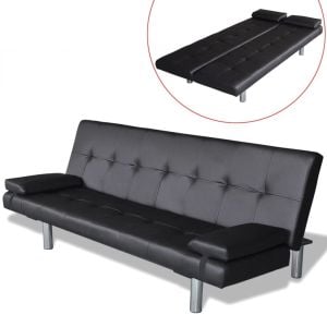 Sofa Bed With Two Pillows Artificial Leather Adjustable Black